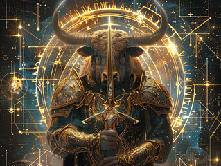 Fototapeta premium Medieval knight in armor. Portrait of gigantic cute Taurus deity warrior in a shining armor holding the pitcher. There is a geometric cosmic mandala zodiac style made of lights in the background