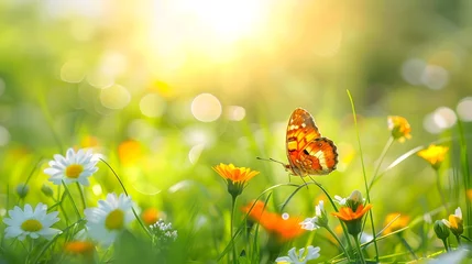Photo sur Plexiglas Jaune Beautiful wild flowers with butterfly on sunny spring meadow, close-up macro. Landscape wide format, copy space. Delightful pastoral airy artistic image.