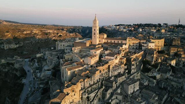 Sassi di Matera Sunset Drone Flight in 4K Unesco Site