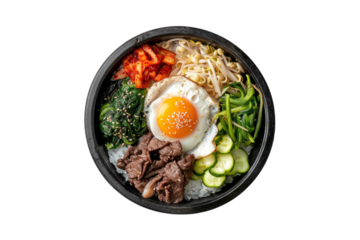 bibimbap, a Korean dish featuring mixed rice topped with bulgogi (marinated grilled beef), assorted vegetables, and a fried egg.