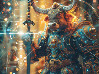 Fototapeta premium Medieval knight in armor. Portrait of gigantic cute Taurus deity warrior in a shining armor holding the pitcher. There is a geometric cosmic mandala zodiac style made of lights in the background