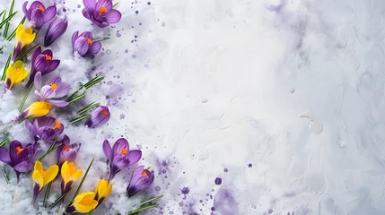 Keuken spatwand met foto Crocus Yellow Purple spring flower growth in the snow with copy space for text.  © Ziyan