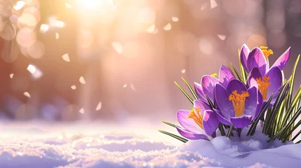 Badkamer foto achterwand Crocus Yellow Purple spring flower growth in the snow with copy space for text.  © Ziyan