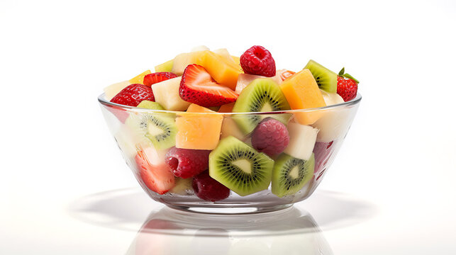 Fruit salad in a glass bowl on a white background.