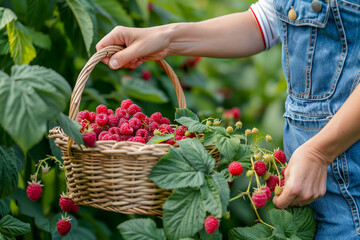 Female hands holding a wicker basket and picking ripe raspberries in the summer garden.