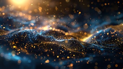 wave blue and gold particle technology background - obrazy, fototapety, plakaty