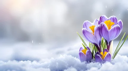 Foto op Plexiglas Crocus Yellow Purple spring flower growth in the snow with copy space for text.  © Ziyan