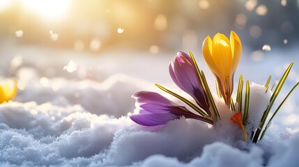 Crocus Yellow Purple spring flower growth in the snow with copy space for text.  - obrazy, fototapety, plakaty