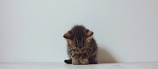 A small kitten with white fur is sitting on the floor next to a wall. The kitten appears to be alone in the scene and is looking curiously at its surroundings.