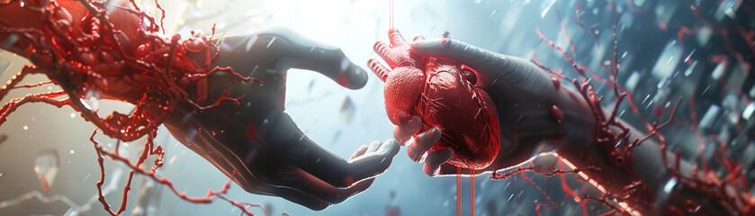 Produce a 3D animation of a heart and a hand against a backdrop background, focusing on creativity...