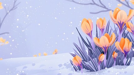 Crocus Yellow Purple spring flower growth in the snow with copy space for text. 