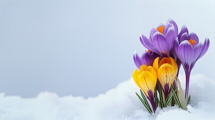 Crocus Yellow Purple spring flower growth in the snow with copy space for text. 