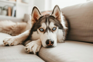 Cute black white Husky with blue eyes lying on a sofa and looking at camera in a bright living room. Close up.