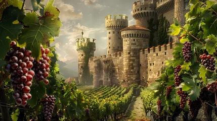 Fotobehang Medieval Castle Overlooking Vineyards with Ripe Grape Bunches. The medieval castle overlooking the vineyards exudes a sense of grandeur and history. © Ziyan