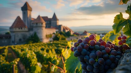 Medieval Castle Overlooking Vineyards with Ripe Grape Bunches. The medieval castle overlooking the vineyards exudes a sense of grandeur and history. - obrazy, fototapety, plakaty