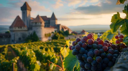Foto auf Acrylglas Medieval Castle Overlooking Vineyards with Ripe Grape Bunches. The medieval castle overlooking the vineyards exudes a sense of grandeur and history. © Ziyan