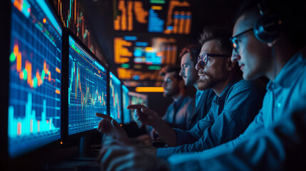 Group of Successful Stock Exchange Traders and Investors Using Sophisticated Computer Software to Monitor, Research and Predict Live Market Financial Data Behavior on Computers and Mobile Devices - obrazy, fototapety, plakaty