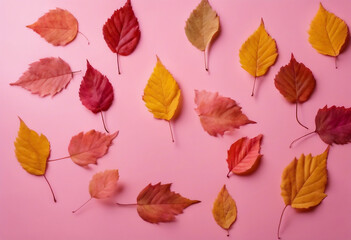 Fototapeta na wymiar Multicolored set autumn leaves on pink pastel background Hello Autumn concept