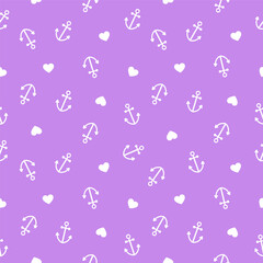 Purple seamless pattern with anchors and hearts