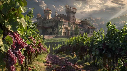Kussenhoes Medieval Castle Overlooking Vineyards with Ripe Grape Bunches. The medieval castle overlooking the vineyards exudes a sense of grandeur and history. © Ziyan