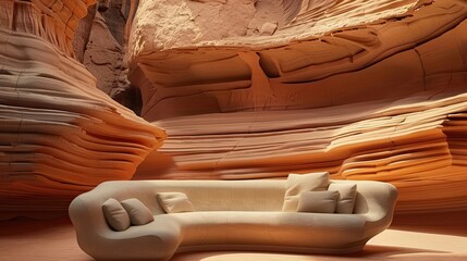 A sofa made of rock located in the desert, in the style of layered veneer panels, organic stonework, light orange, wallpaper, flowing lines, immersive, photo, cinematic texture. The composition and to