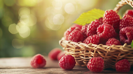 Red raspberry close up in a wicker basket on a wooden table in a garden against a green natural background. Berry harvest. Copy space. - obrazy, fototapety, plakaty