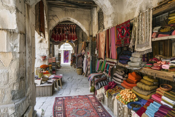 Traditional Eastern Market with Colorful Textiles