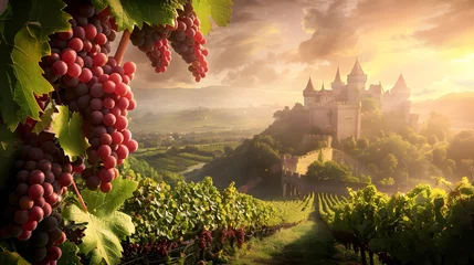 Crédence de cuisine en verre imprimé Vignoble Medieval Castle Overlooking Vineyards with Ripe Grape Bunches. The medieval castle overlooking the vineyards exudes a sense of grandeur and history.
