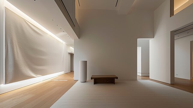 an empty room with a white wall and sculpture