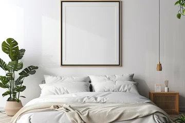 Fotobehang A minimalist bedroom with a blank wall frame mockup above the bed © paisorn