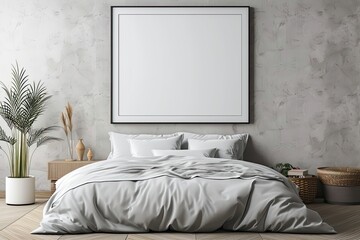 A minimalist bedroom with a blank wall frame mockup above the bed