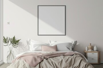 Fototapeta na wymiar A minimalist bedroom with a blank wall frame mockup above the bed