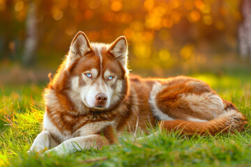 Beautiful fluffy brown white husky with blue eyes lying on the grass and looking at camera in the yard.