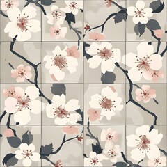 Serene Cherry Blossom Tile Design: Japanese Inspired, Square Background - Hand Edited Generative AI
