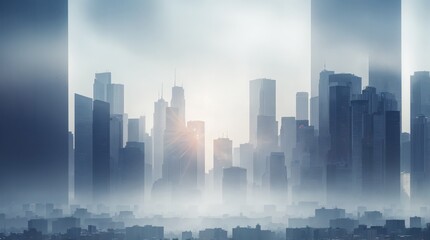 A shimmering downtown vista under a foggy sky at morning 