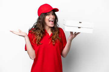 Pizza delivery woman with work uniform picking up pizza boxes isolated on white background with...