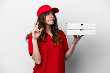 Pizza delivery woman with work uniform picking up pizza boxes isolated on white background with...
