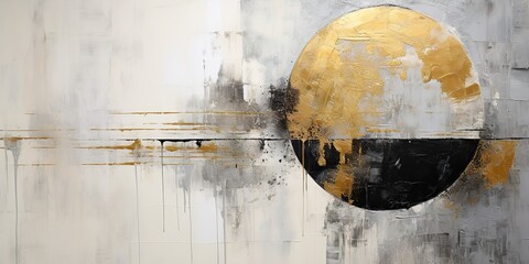 The golden and black sphere painted on gold and silver, in the style of rustic abstraction. Oil draw decorative background scene