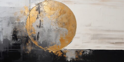 The golden and black sphere painted on gold and silver, in the style of rustic abstraction. Oil draw decorative background scene