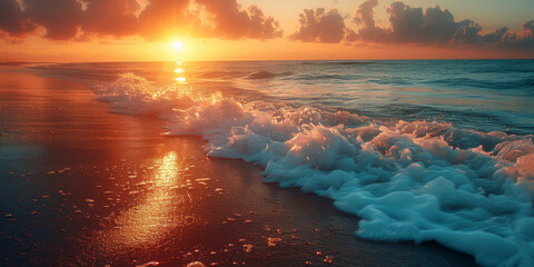 Beautiful sunset over the sea. Sunset beach with crashing waves.  Reflections shimmering on the water. - 745096743