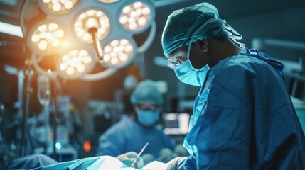 Surgeon or doctor in blue uniform did surgery in surgical hospital with orange light effect and blur background. Surgeon and nurse use medical instrument or equipment in operating room