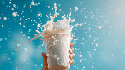 Energetic Milk Splash from Carton in Hand, High-Speed Photography, Fresh Dairy Concept, Dynamic Liquid Motion Against Blue Background, Healthy Calcium-Rich Beverage, Vibrant and Refreshing Image