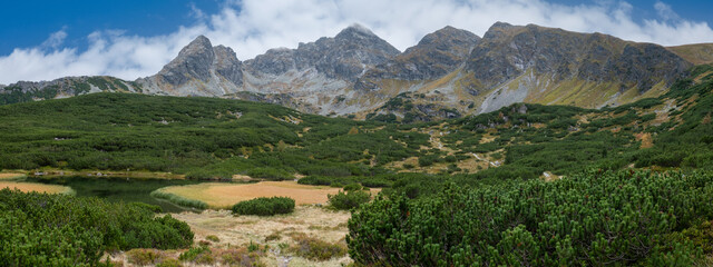 Panoramic view of hiking trail leading through Dolina Gasienicowa Valley in Poland's Tatra National...