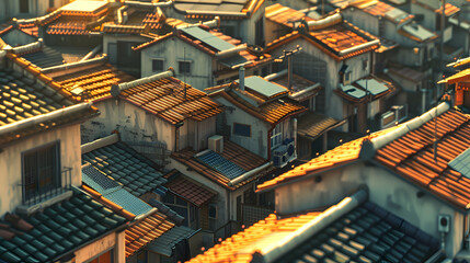 Fototapeta premium A picturesque scene of residential streets captured in pristine detail, showcasing rooftops adorned with solar panels catching the last rays of the evening sun