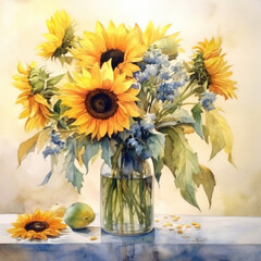 Fototapeta premium Sunflowers in vase watercolor painting. Glass vase with yellow sunflowers.