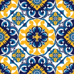  Tile Design: Vibrant Cobalt Blue and Yellow Floral Geometry, Azulejo Inspired, Hand Edited Generative AI