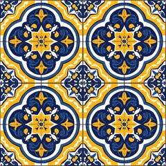  Tile Design: Vibrant Cobalt Blue and Yellow Floral Geometry, Azulejo Inspired, Hand Edited Generative AI