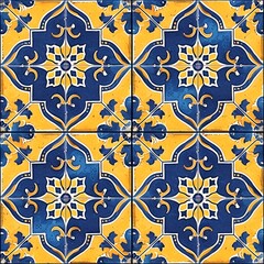  Tile Design: Vibrant Cobalt Blue and Yellow Floral Geometry, Azulejo Inspired, Hand Edited Generative AI