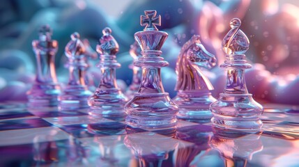 glass transparent chess pieces on light background - obrazy, fototapety, plakaty