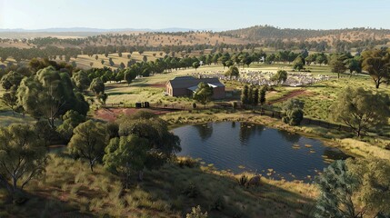 Fototapeta na wymiar large Western Australian sheep farm, aerial view, farm house, sheep, small dam, summer clear sky, photo realistic,